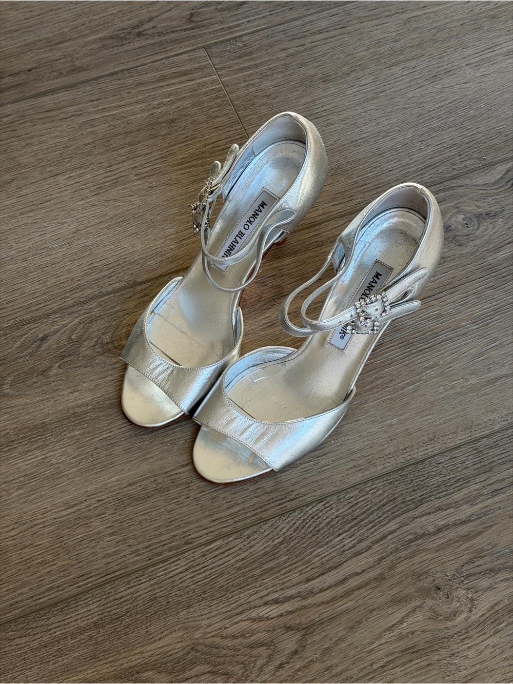 Manolo Blahnik Silver Strappy Crystal Buckle Heels